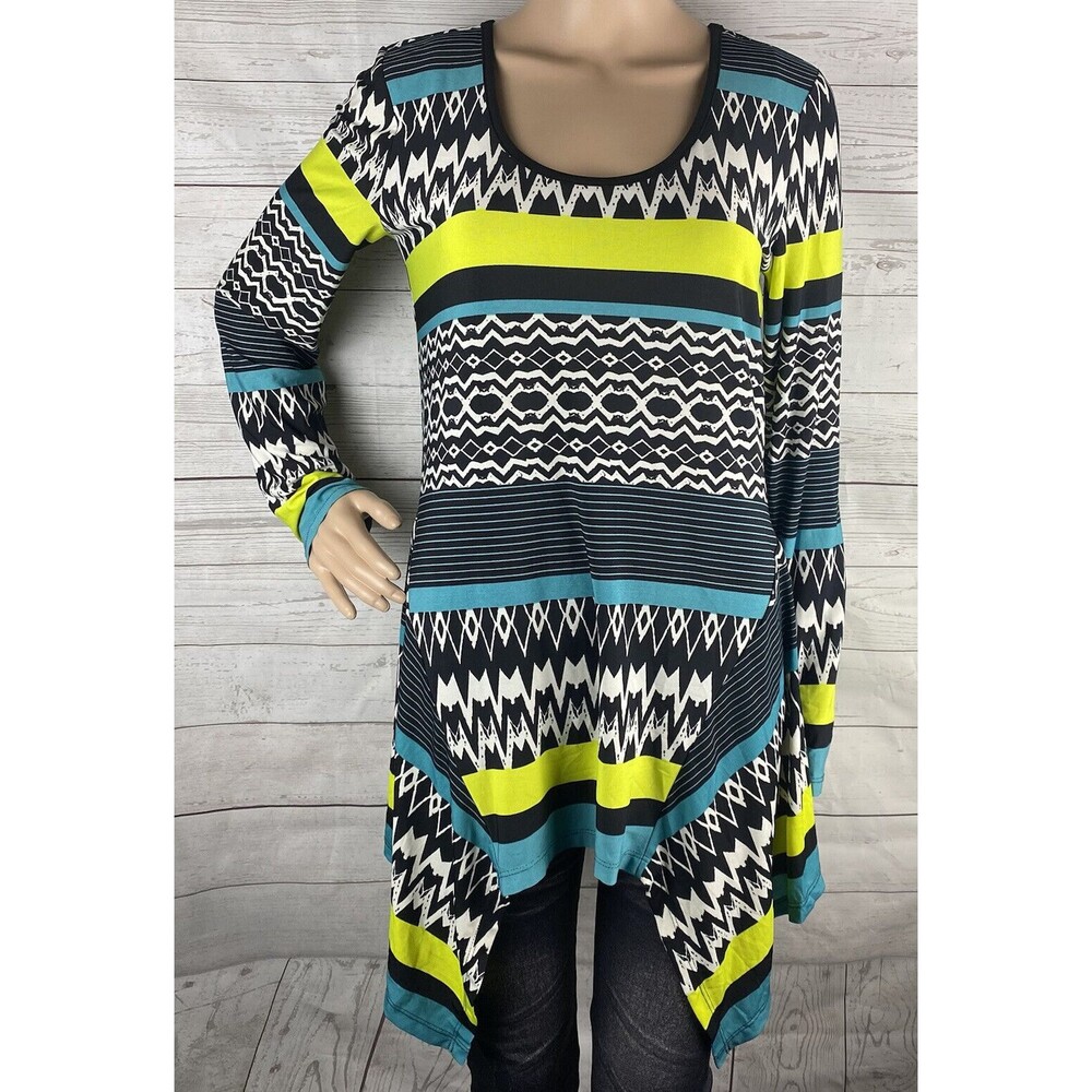 ECI Pointed Hem Tunic Medium Black White Teal Neon Green Patterned Striped Top